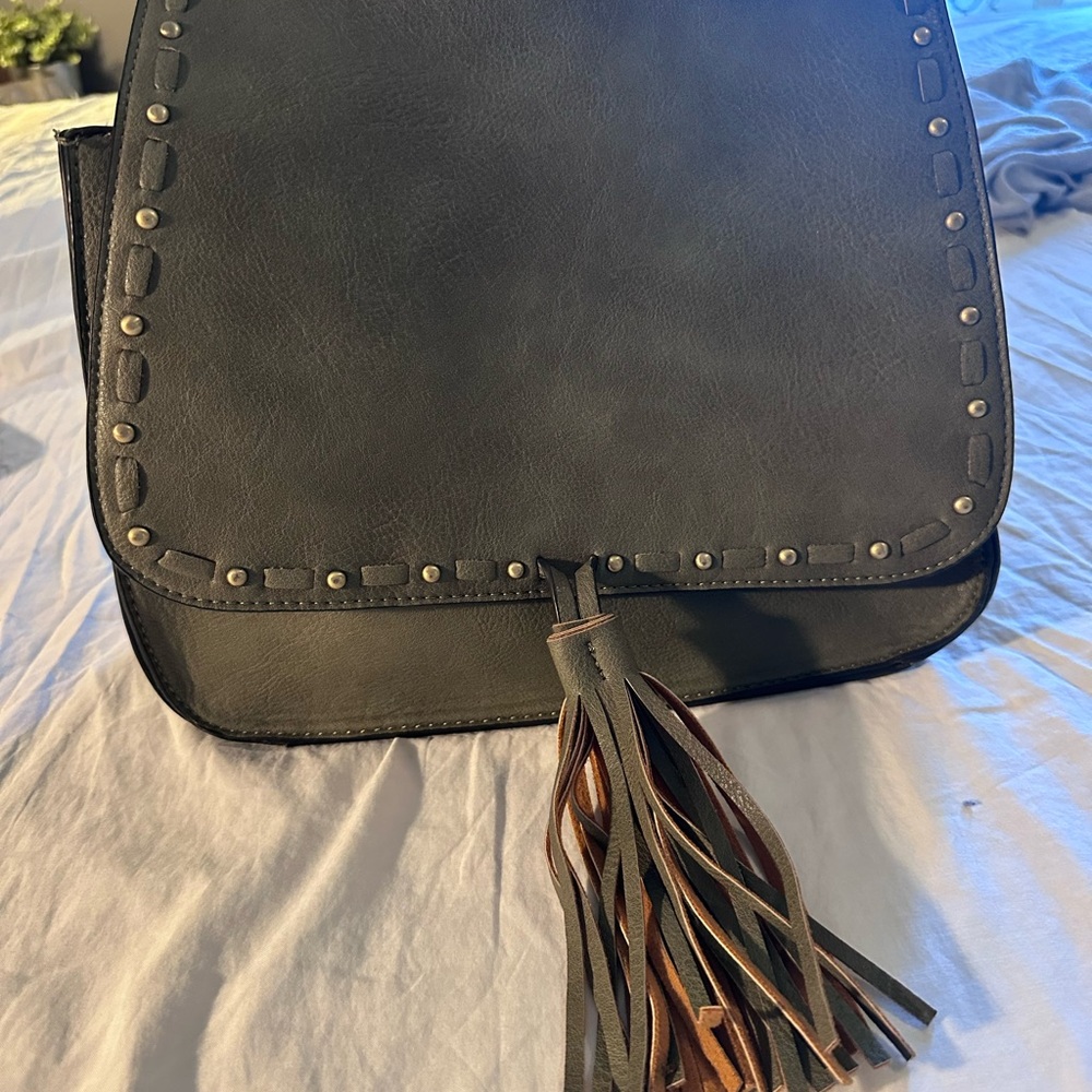 Black Leather Tassel Crossbody Bag